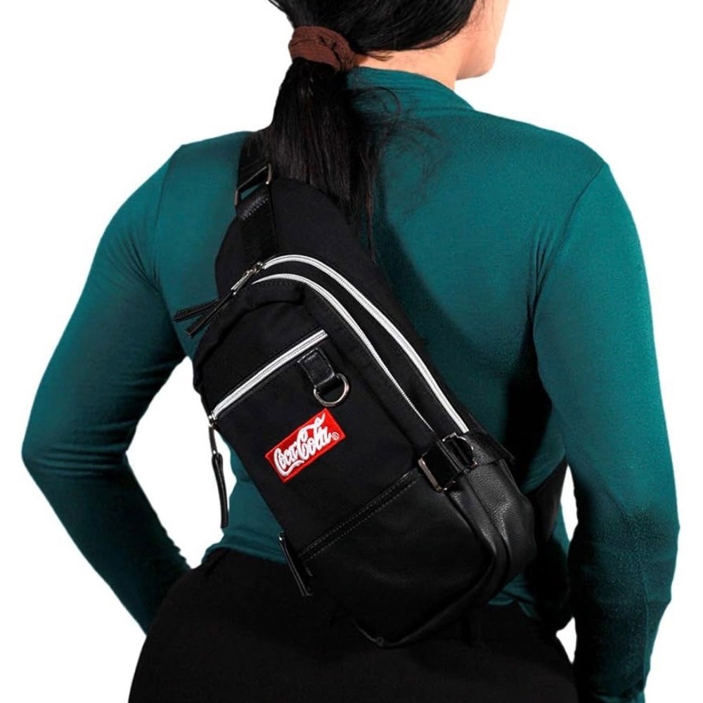Coca-Cola Black Sling Bag Crossbody Backpack Embroidered Logo - Picture 2 of 13